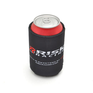 Risk Racing “Grip It N Rip It” drink koozie holding a red soda can, featuring the Risk Racing logo and website printed on black neoprene.