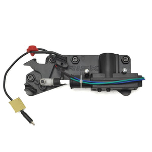 Electronic gate motor assembly, primarily black in color, with some wiring.