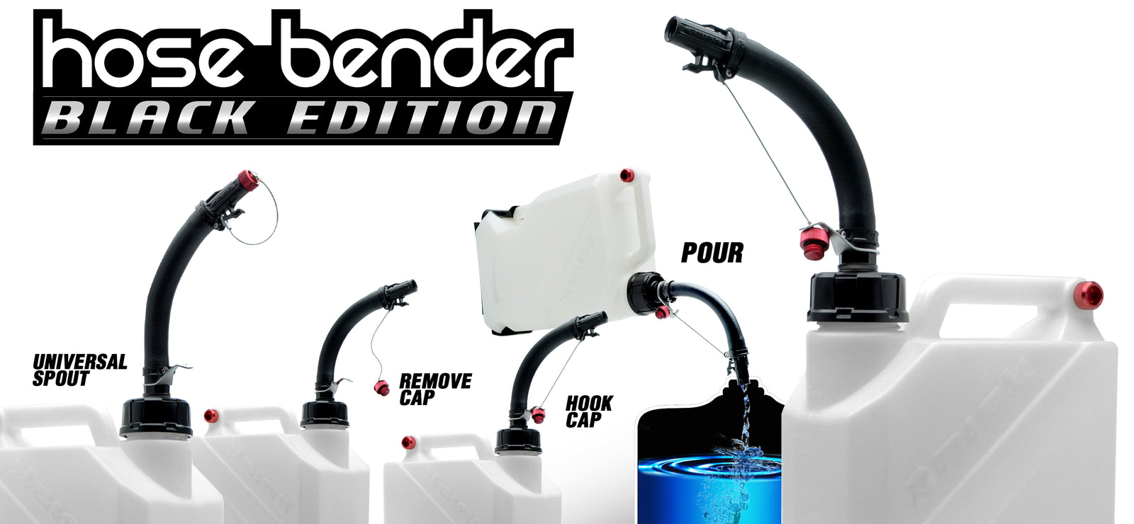 hose bender pr header featuring multiple utility jug hoses at different stages of use