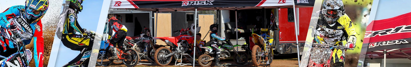 pit setup collection banner featuring moto collage with a Risk Racing pit setup in the middle. It features a factory pit canopy and multiple dirt bikes on stands