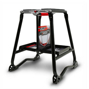 Black metal MX stand with 'Rick Racing' branding on a white background