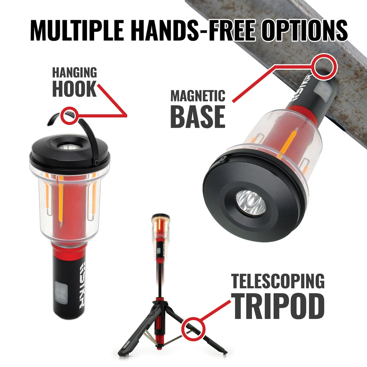 Multifunctional flashlight with hanging hook, magnetic base, and telescoping tripod on a white background.