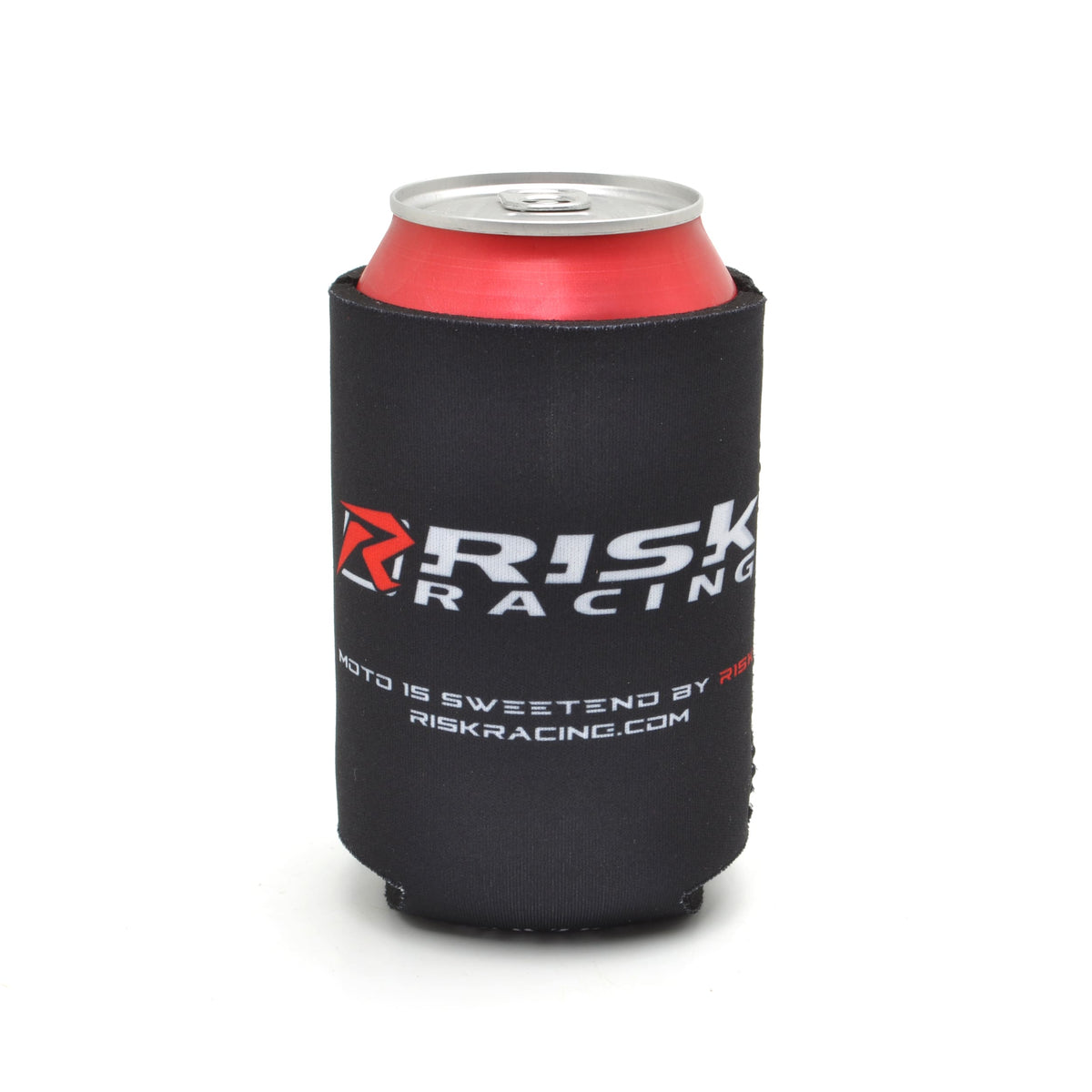 Risk Racing “Grip It & Rip It” drink koozie holding a red soda can, featuring a skeleton hand gripping a red motocross throttle with the text “No Risk — No Reward.”