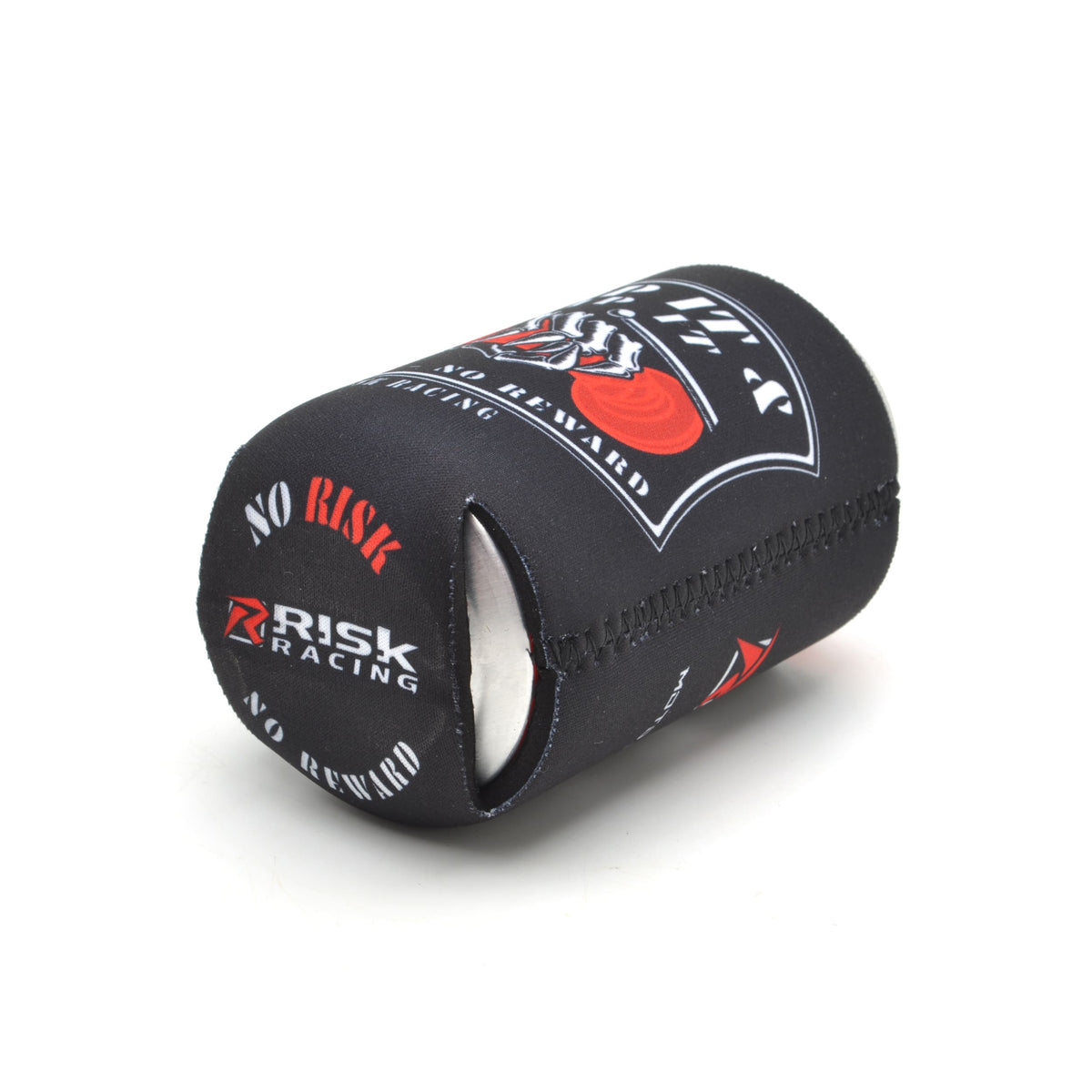 Angled view of the Risk Racing “Grip It & Rip It” drink koozie with skeleton hand graphic, showing side stitching and “No Risk — No Reward” text printed on the bottom.