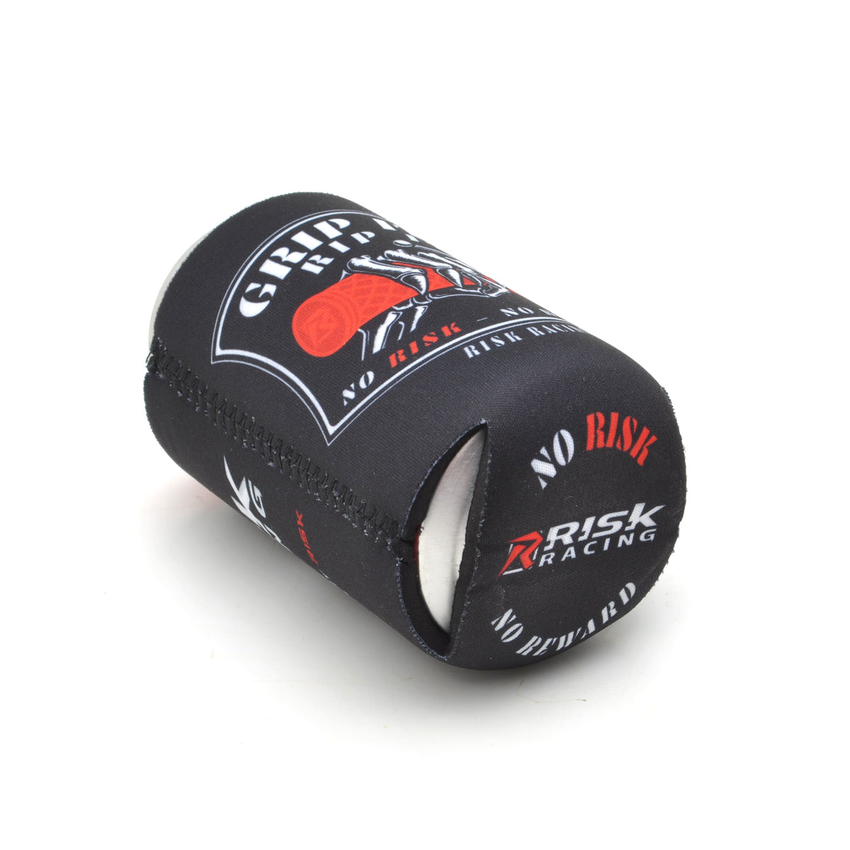 Angled view of the Risk Racing “Grip It & Rip It” drink koozie with skeleton hand graphic, showing side stitching and “No Risk — No Reward” text printed on the bottom.