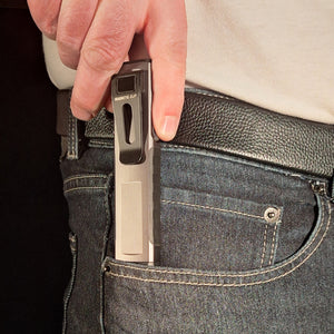 LP-EDC Low Profile Everyday Carry "Flat" Flashlight being pulled out of a pants pocket up close