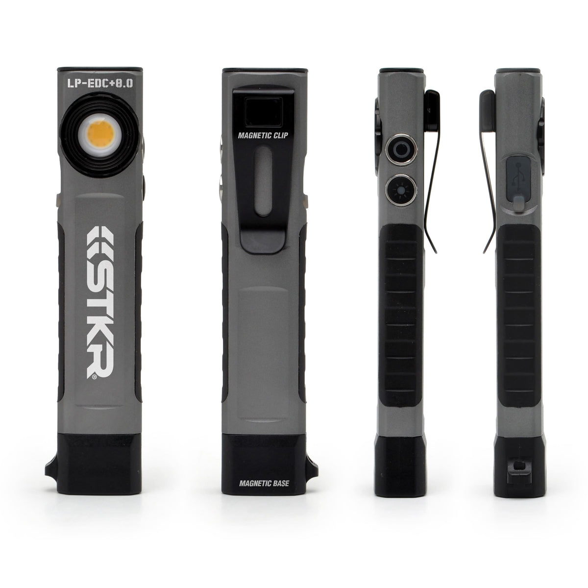 LP-EDC+ 8.0 Low Profile Everyday Carry Ultra-Thin Spot & Flood Flashlight front back and side views on white