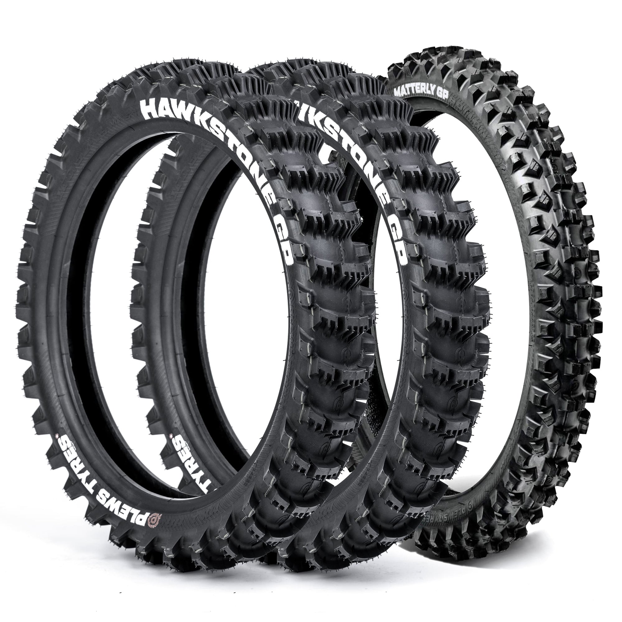 Plews Tyres | Sand/Mud 3pc Set | Two MX1 HAWKSTONE Rears & One MX2 MATTERLY Front Motocross Tire Bundle - 3/4 view