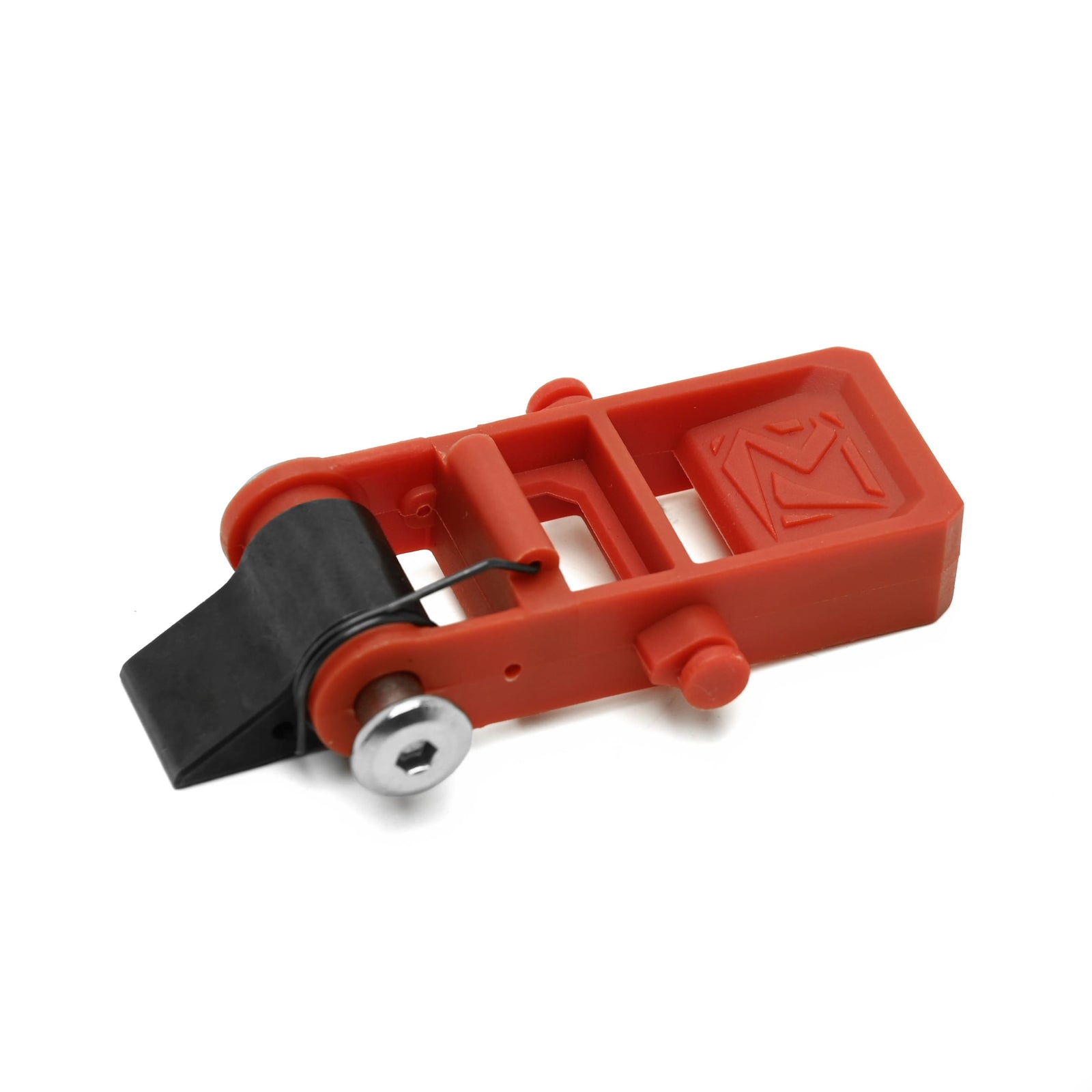 A red plastic mechanical component, likely a latch or switch part, featuring a black rubber strip, silver metal screws, and an embossed logo on the top surface, shown on a plain white background.