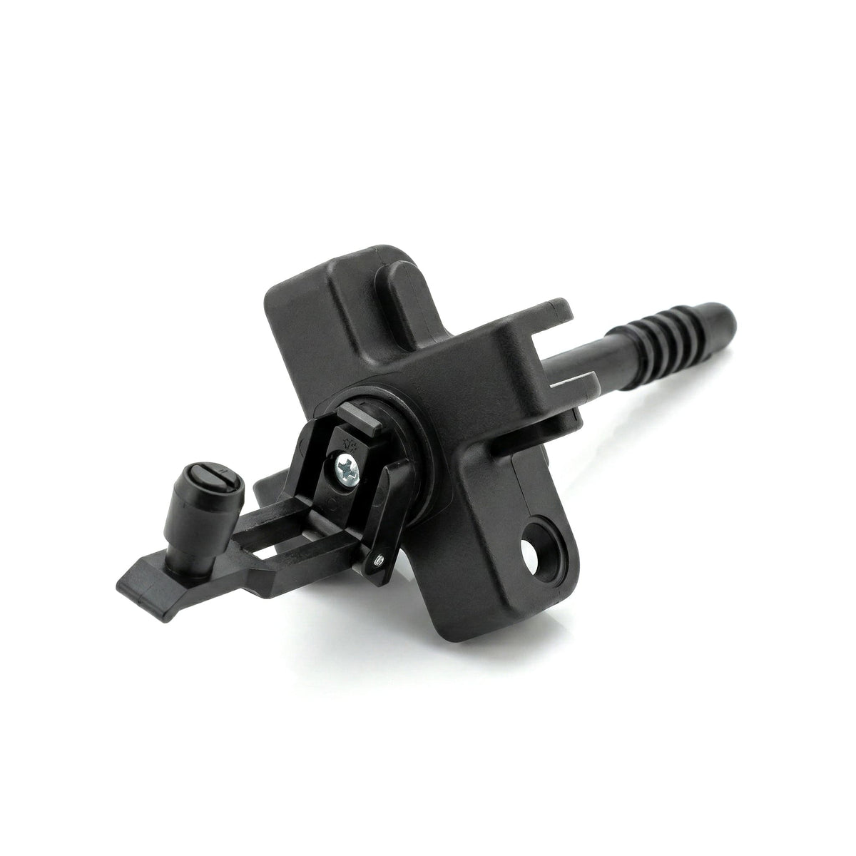 Black plastic component on a white background