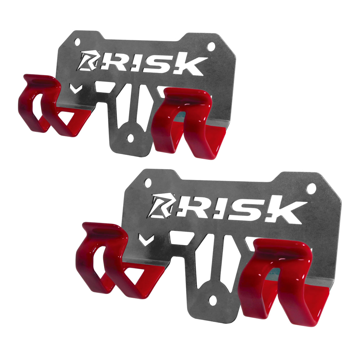 Two red and gray metal RR1 wall mounts with 'RISK' branding on a white background