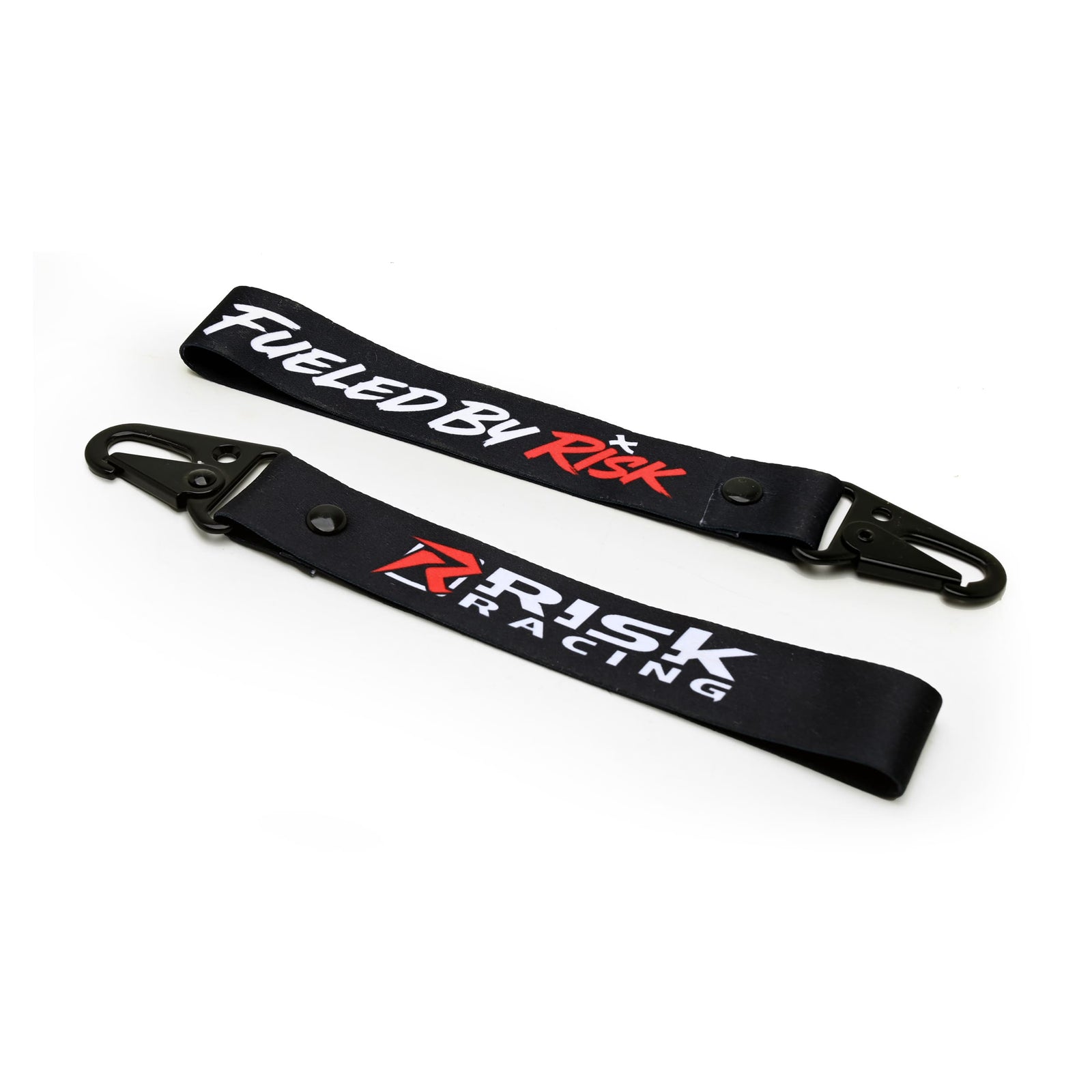 Black Risk Racing keychain lanyard shown from both sides with a black clip, Risk Racing logo, and Fueled by Risk graphic.