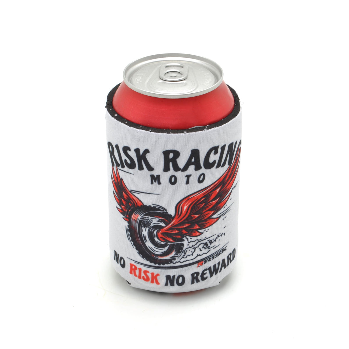 Risk Racing “Tire n Wings” drink koozie in white neoprene, featuring a red-winged motorcycle tire graphic with the text “No Risk No Reward” and “Risk Racing Moto,” holding a red soda can.