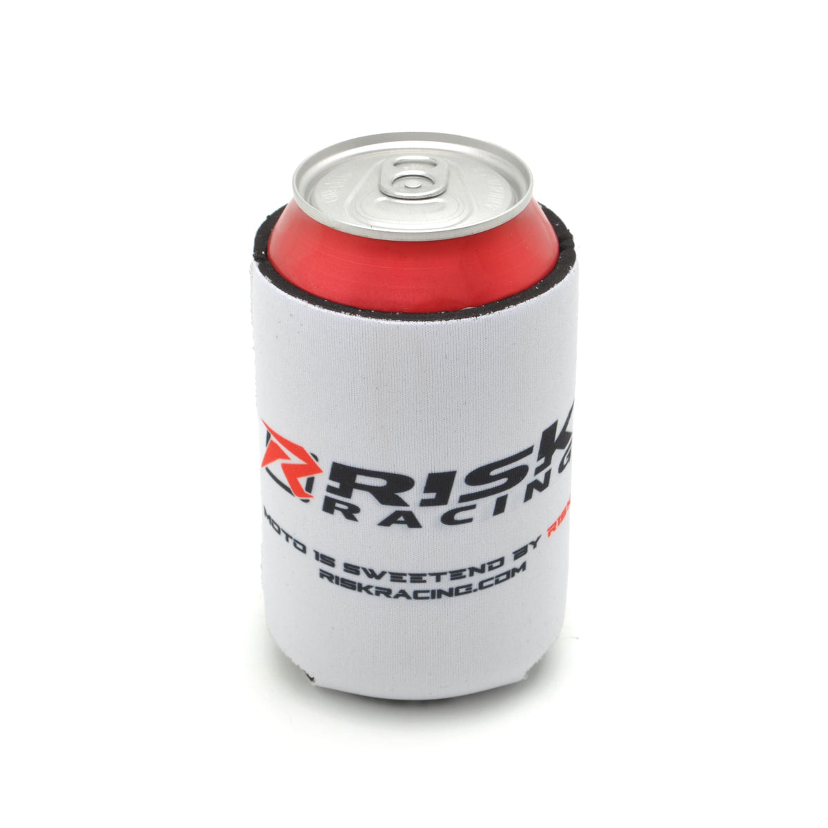 Risk Racing “Tire n Wings” drink koozie in white neoprene, holding a red soda can with the Risk Racing logo and website printed on it.