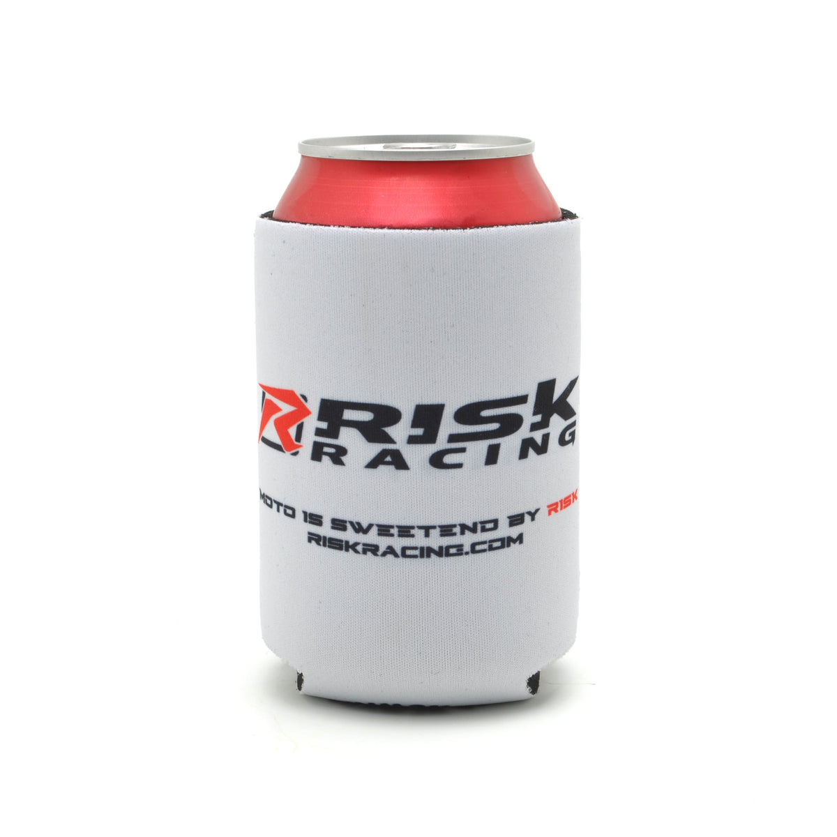 Risk Racing “Tire n Wings” drink koozie in white neoprene, holding a red soda can with the Risk Racing logo and website printed on it.