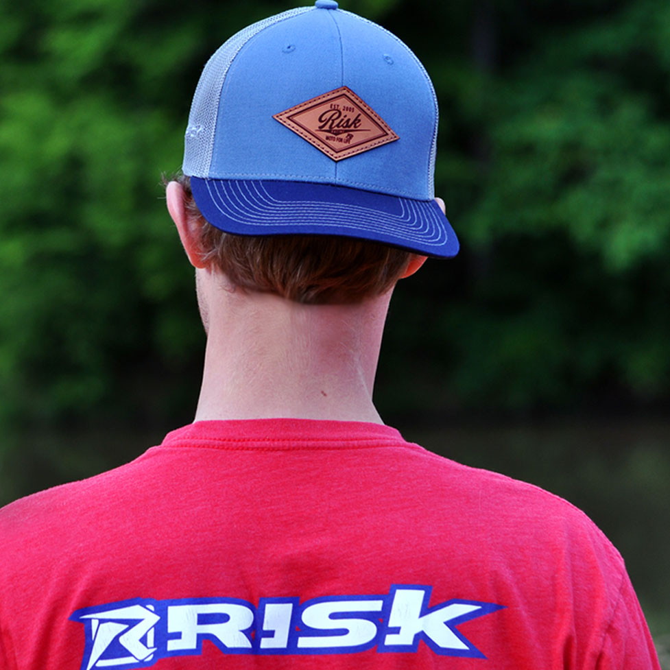 Risk Racing Blue Leather Patch Trucker Snapback Hat