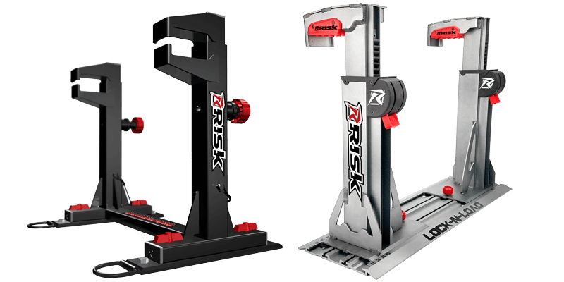 Two Lock-N-Load moto transport systems with 'Risk' branding on a transparent background
