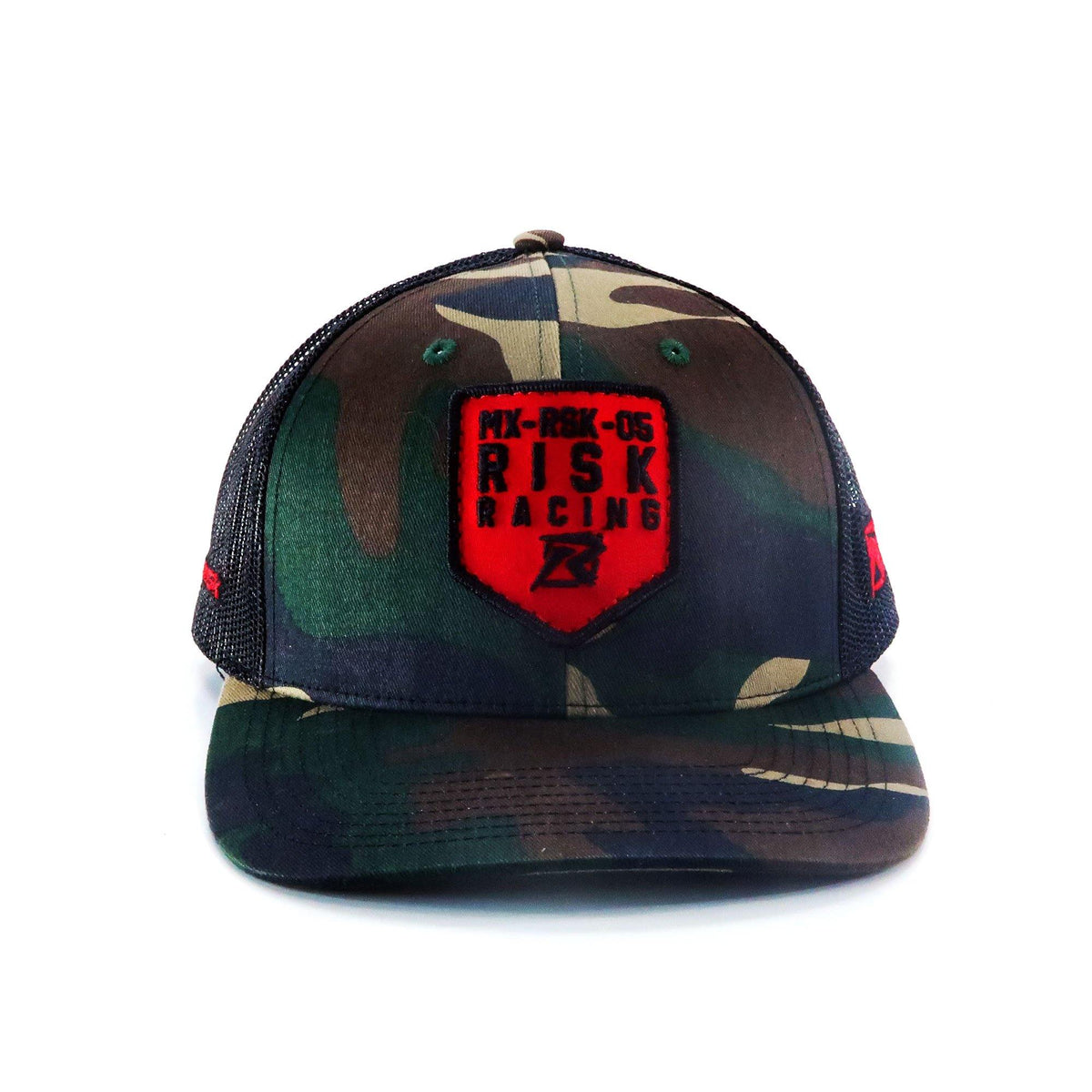 Risk Racing Camo Red Patch Trucker Snapback Hat Front View