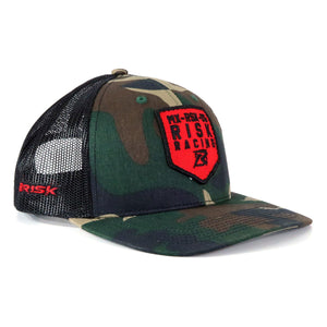 Risk Racing Camo Red Patch Trucker Snapback Hat Logo Side