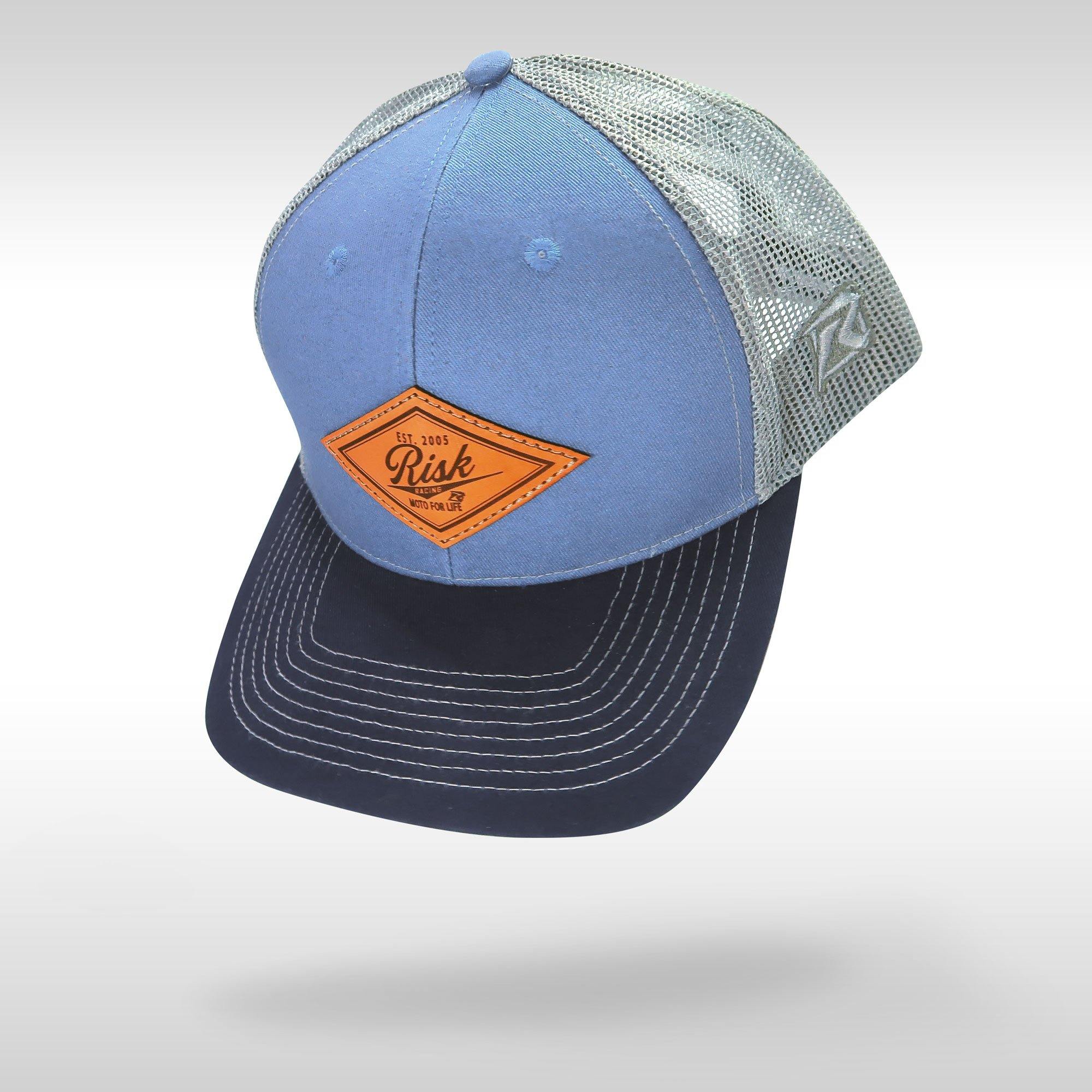 Risk Racing Blue Leather Patch Trucker Snapback Hat