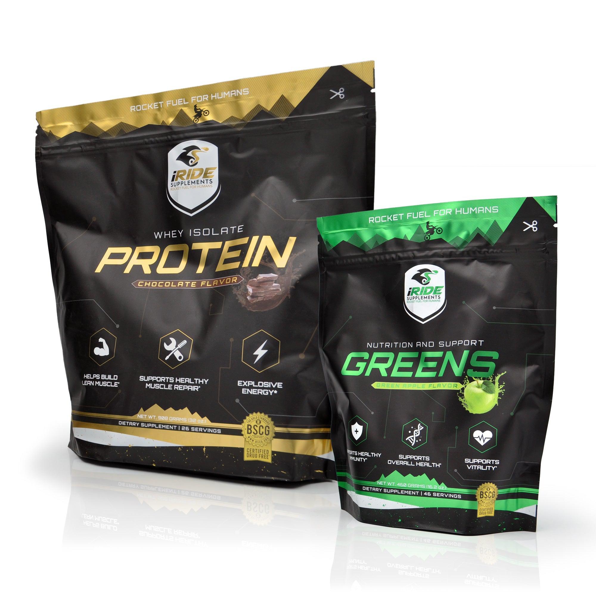 iRide reovery bundle featuring Protein and Greens powders