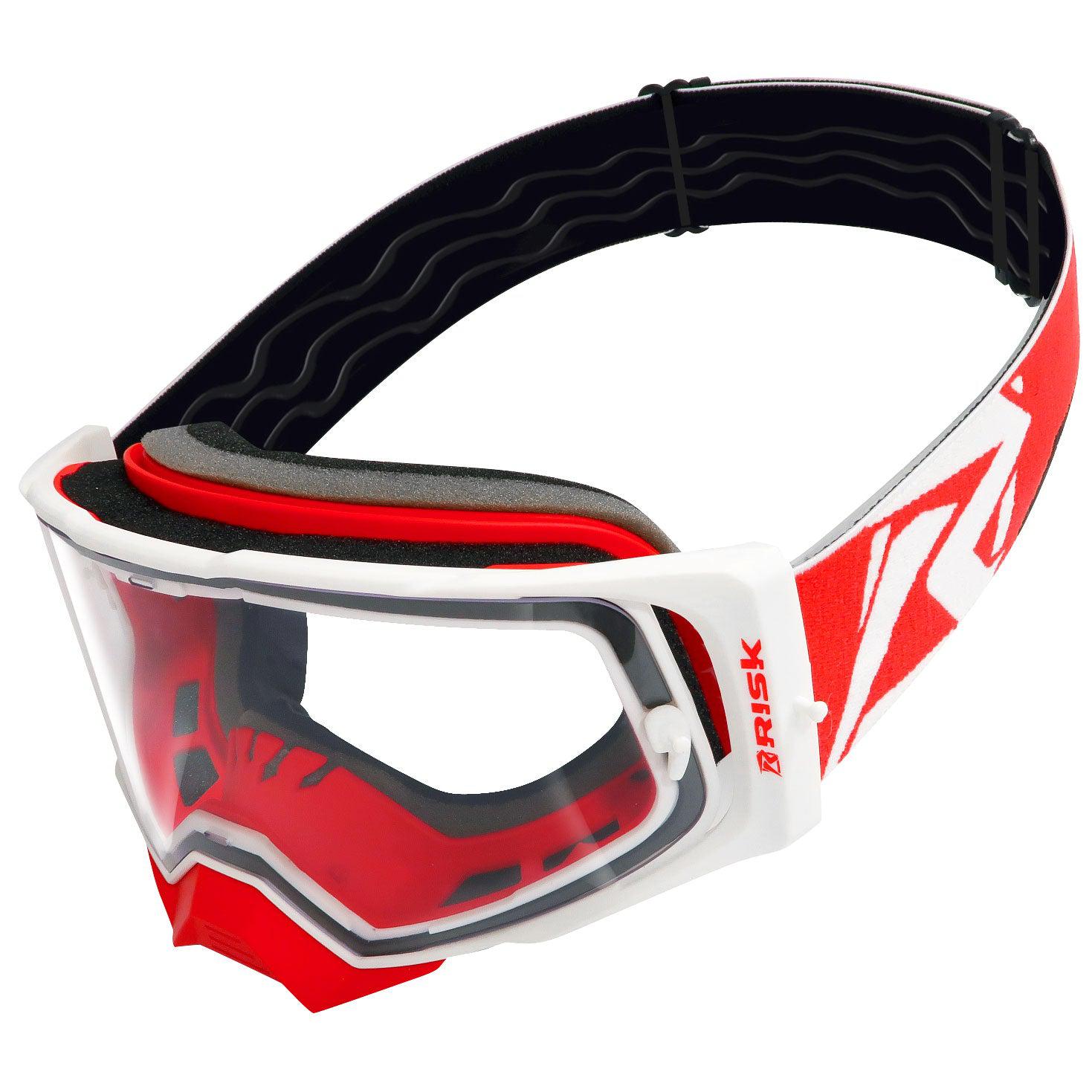 both color options of the J.A.C. V2 Goggles by Risk Racing. black/red & white/red
