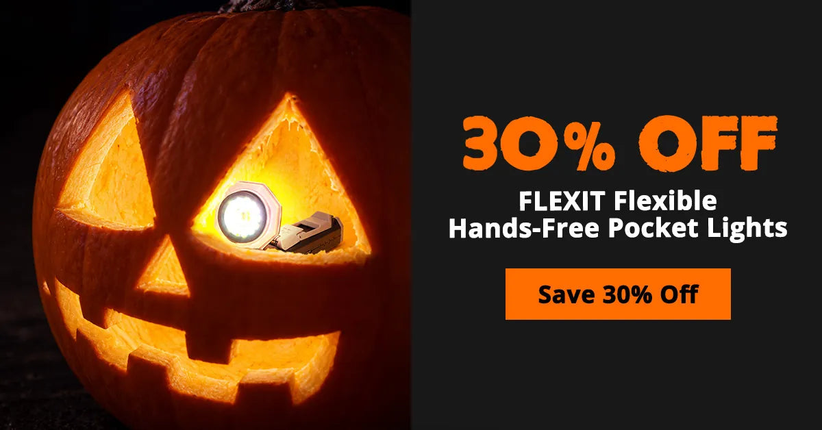 FLEXIT Pocket Light inside a glowing jack-o'-lantern